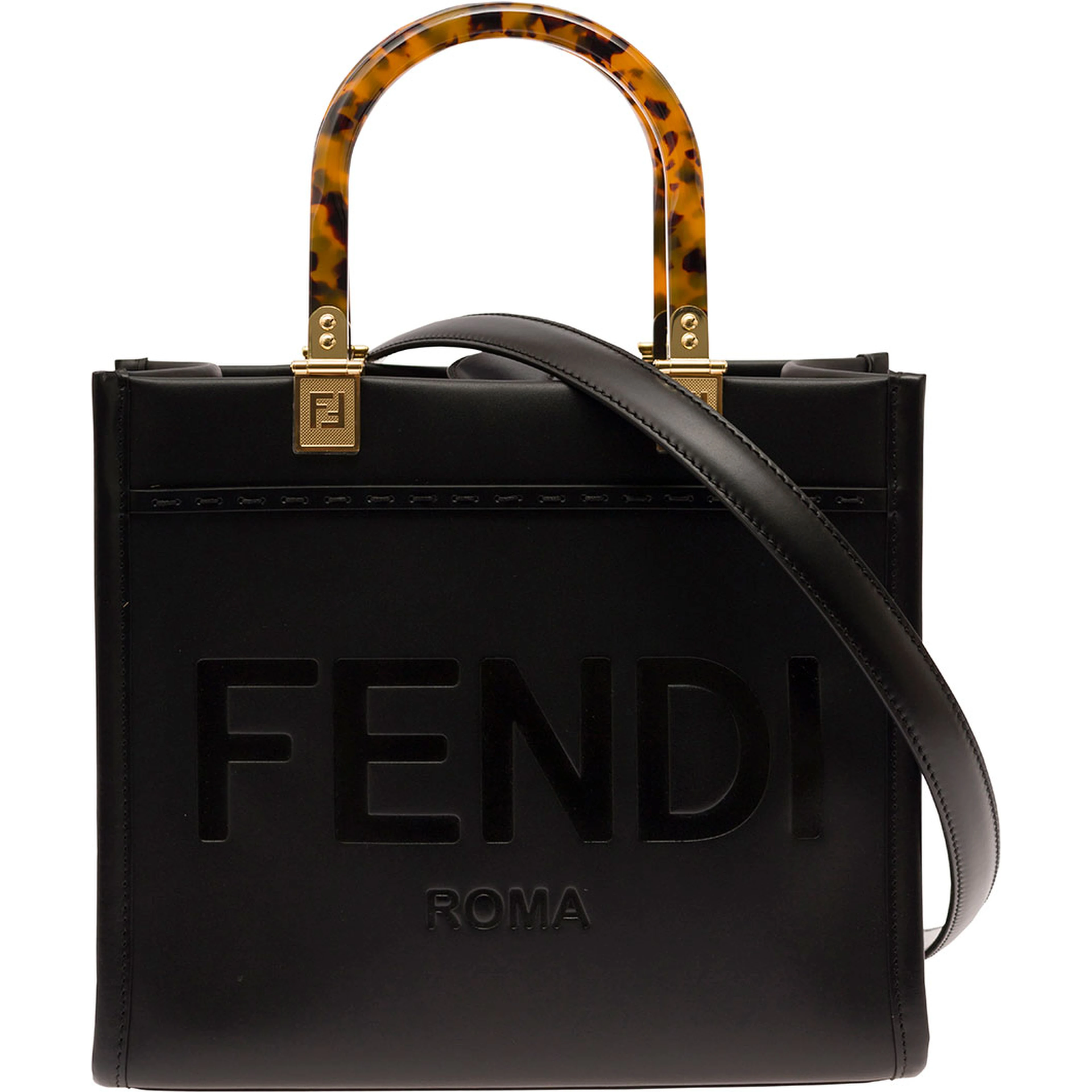 Tote Bag Sunshine Small with Embossed Logo and Tortoiseshell Effect Handle in Black Leather for Women