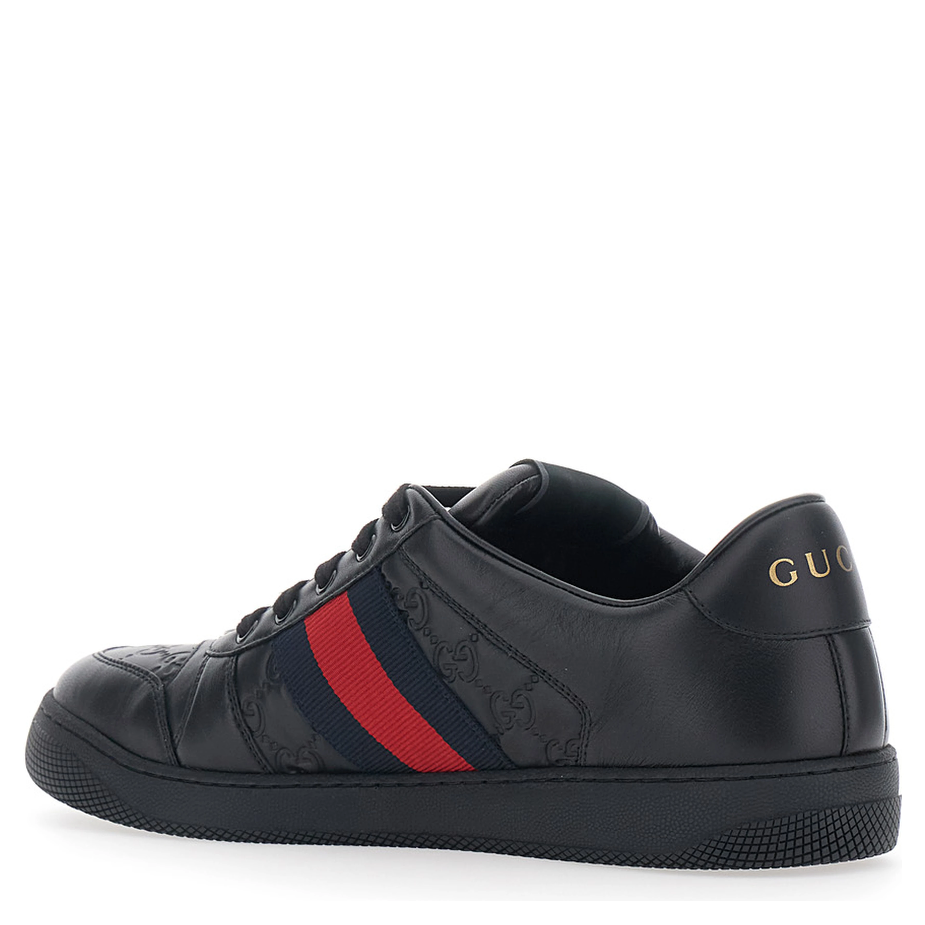 Sneaker Screener Low Top with Web Detail on the Side and GG Motif in Relief in Black Leather Men