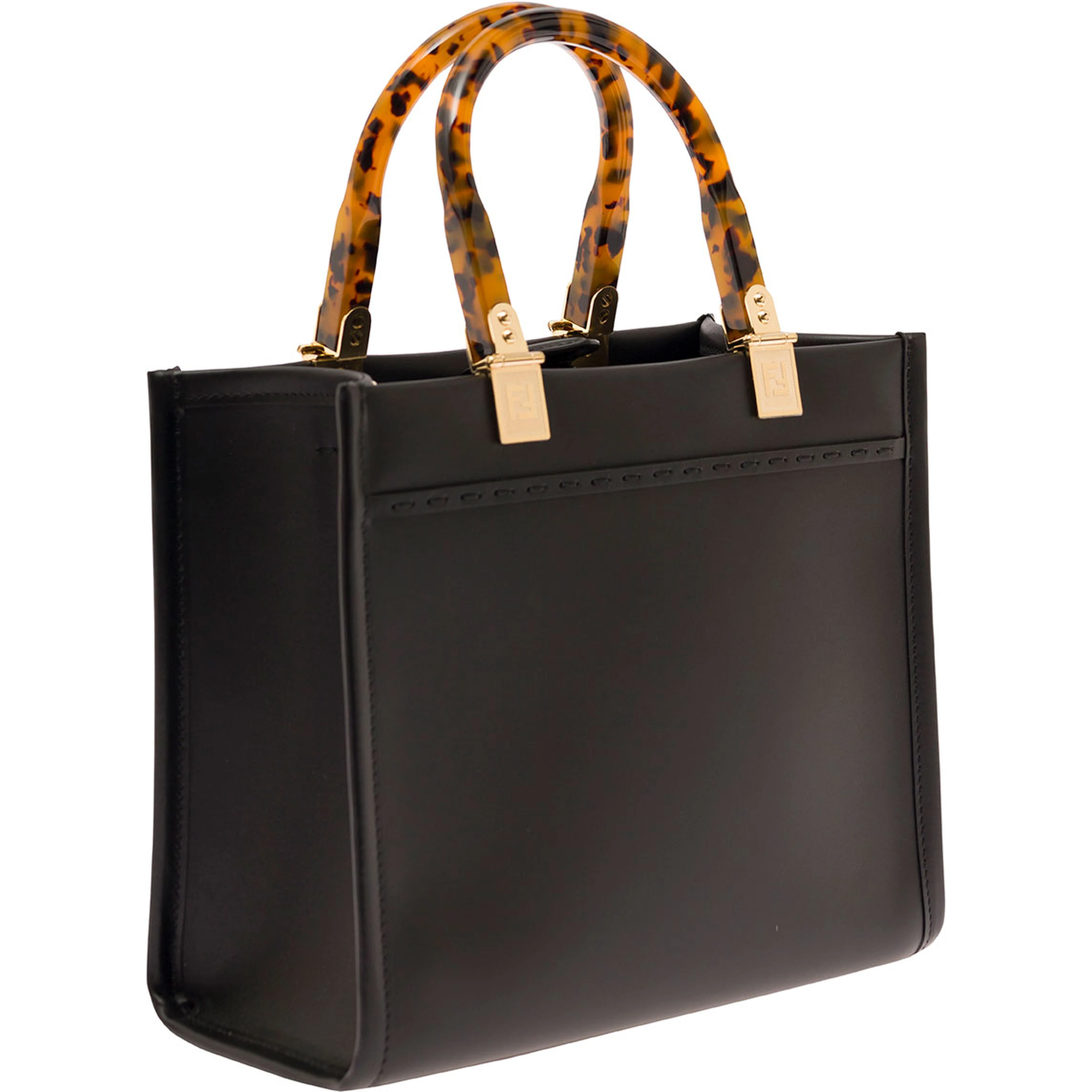 Tote Bag Sunshine Small with Embossed Logo and Tortoiseshell Effect Handle in Black Leather for Women
