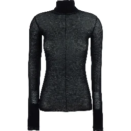 Black turtleneck sweater with logo embroidery on the front in wool for women