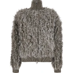 Beige high collar bomber jacket in wool for women