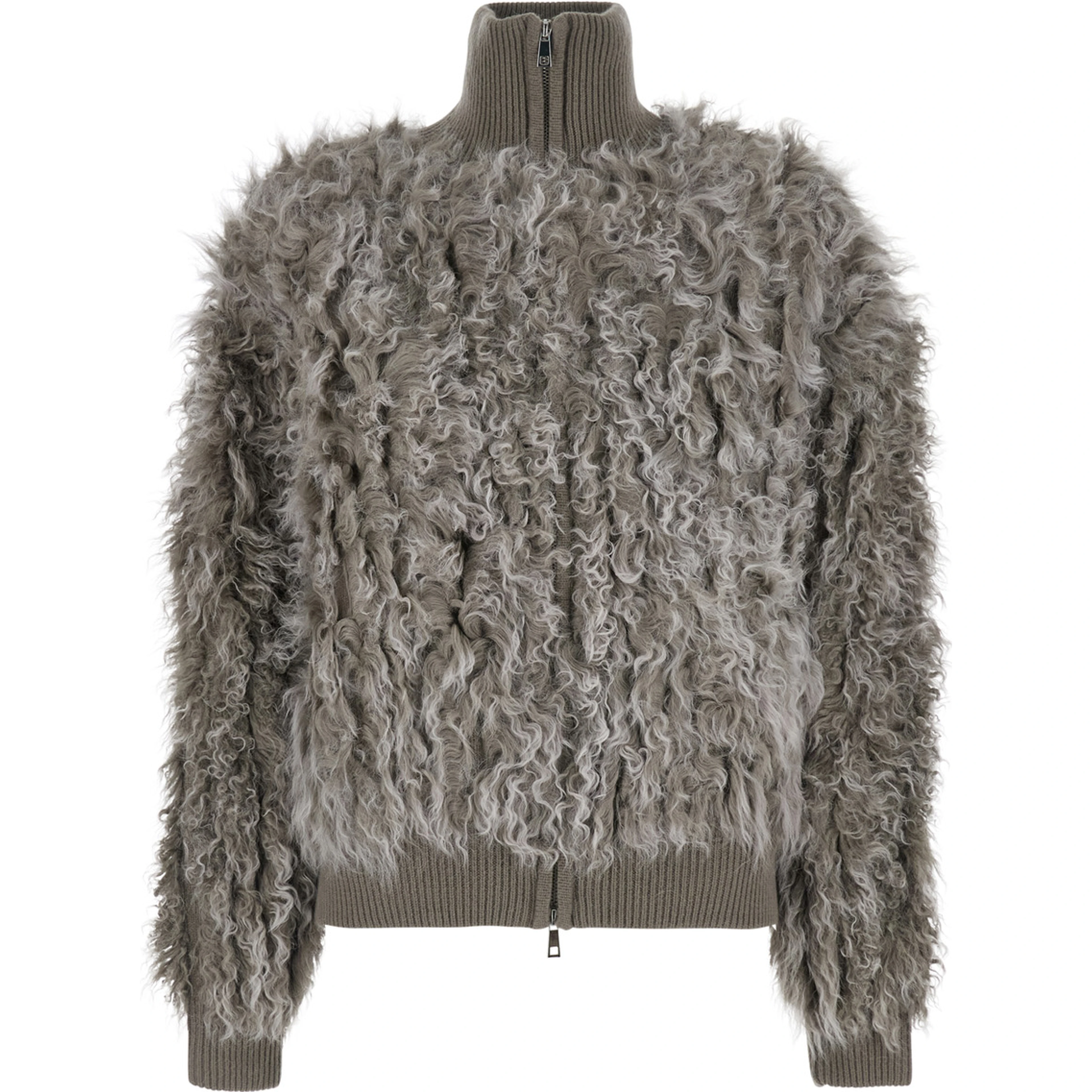 Beige high collar bomber jacket in wool for women