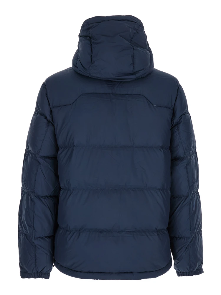 Down jacket Blue with Fixed Hood and Embroidered Pony Logo on Chest in Tech Fabric Men alternative