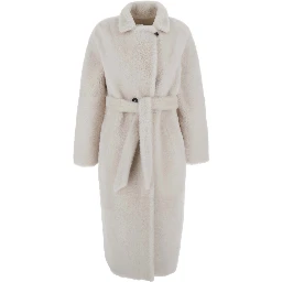 white Shearling coat with classic collar and waist belt in shearling for women