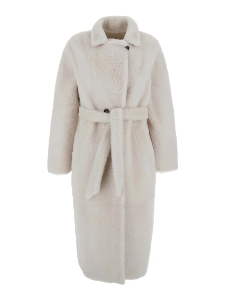 white Shearling coat with classic collar and waist belt in shearling for women