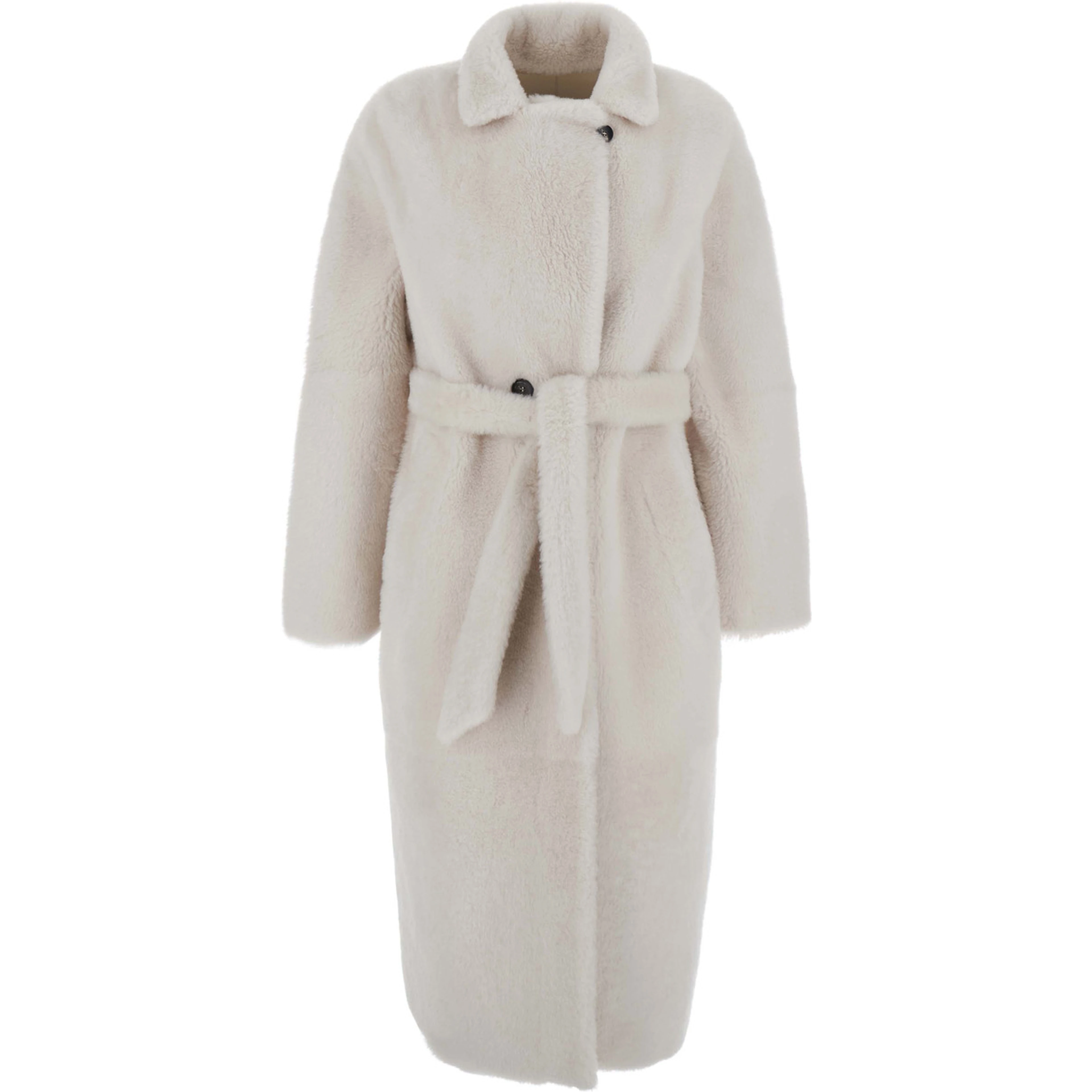 white Shearling coat with classic collar and waist belt in shearling for women