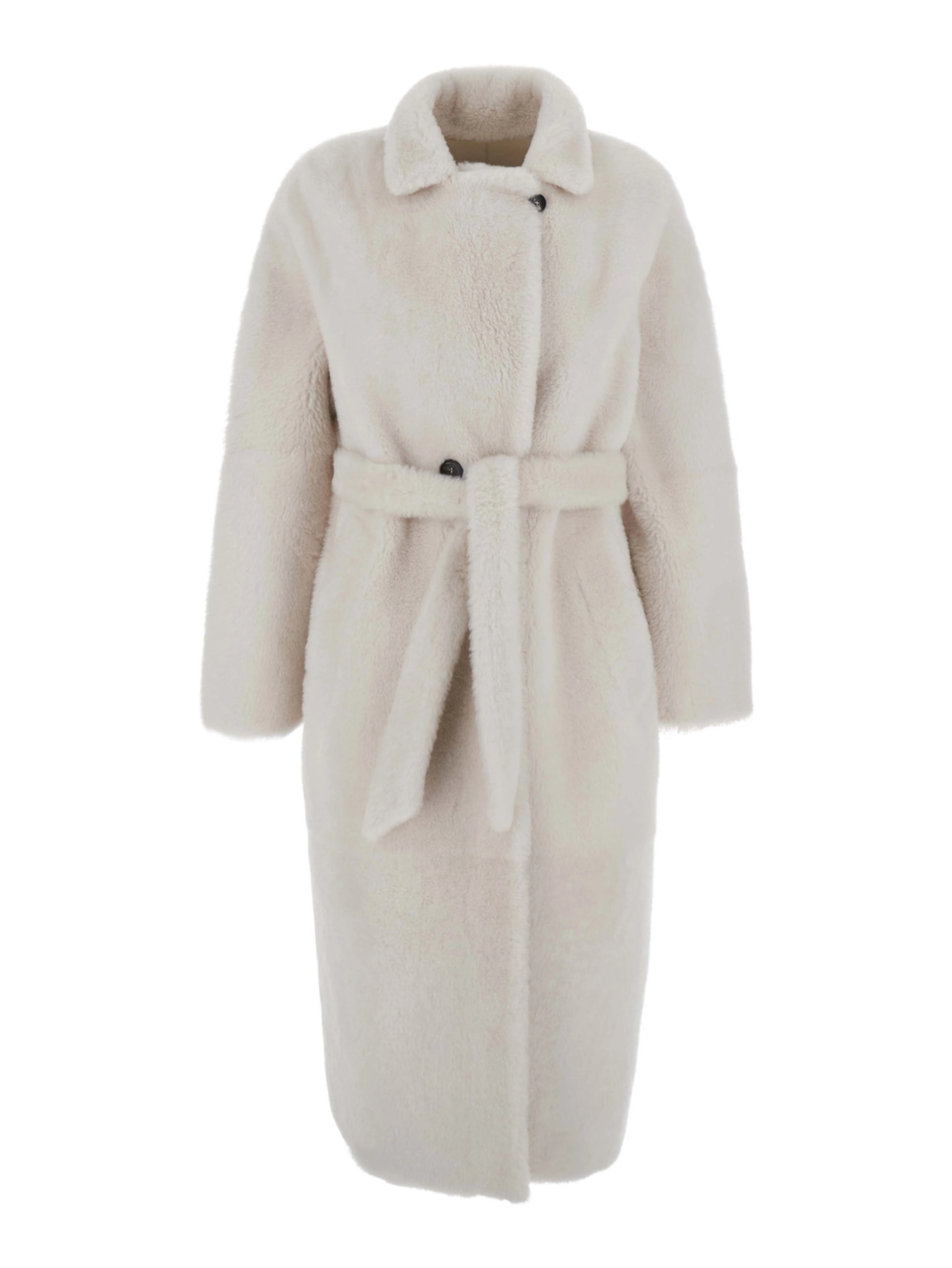 white Shearling coat with classic collar and waist belt in shearling for women