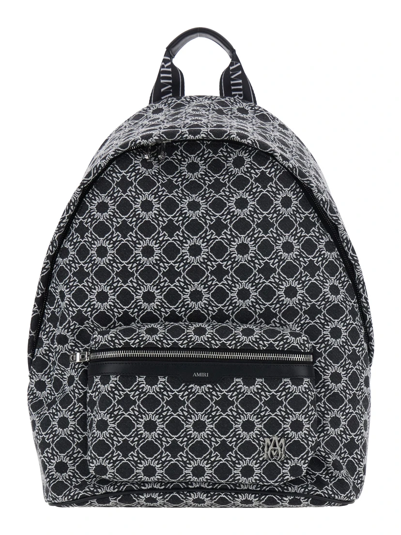 MA Quad Black Backpack with all-over logo print and adjustable straps in Tech Fabric for men