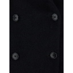 Black Long double-breasted coat with peak revers in  fabric for women