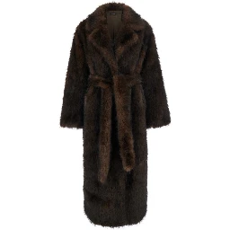 brown Long coat with Notched revers and adjustable waist belt in eco-fur for women