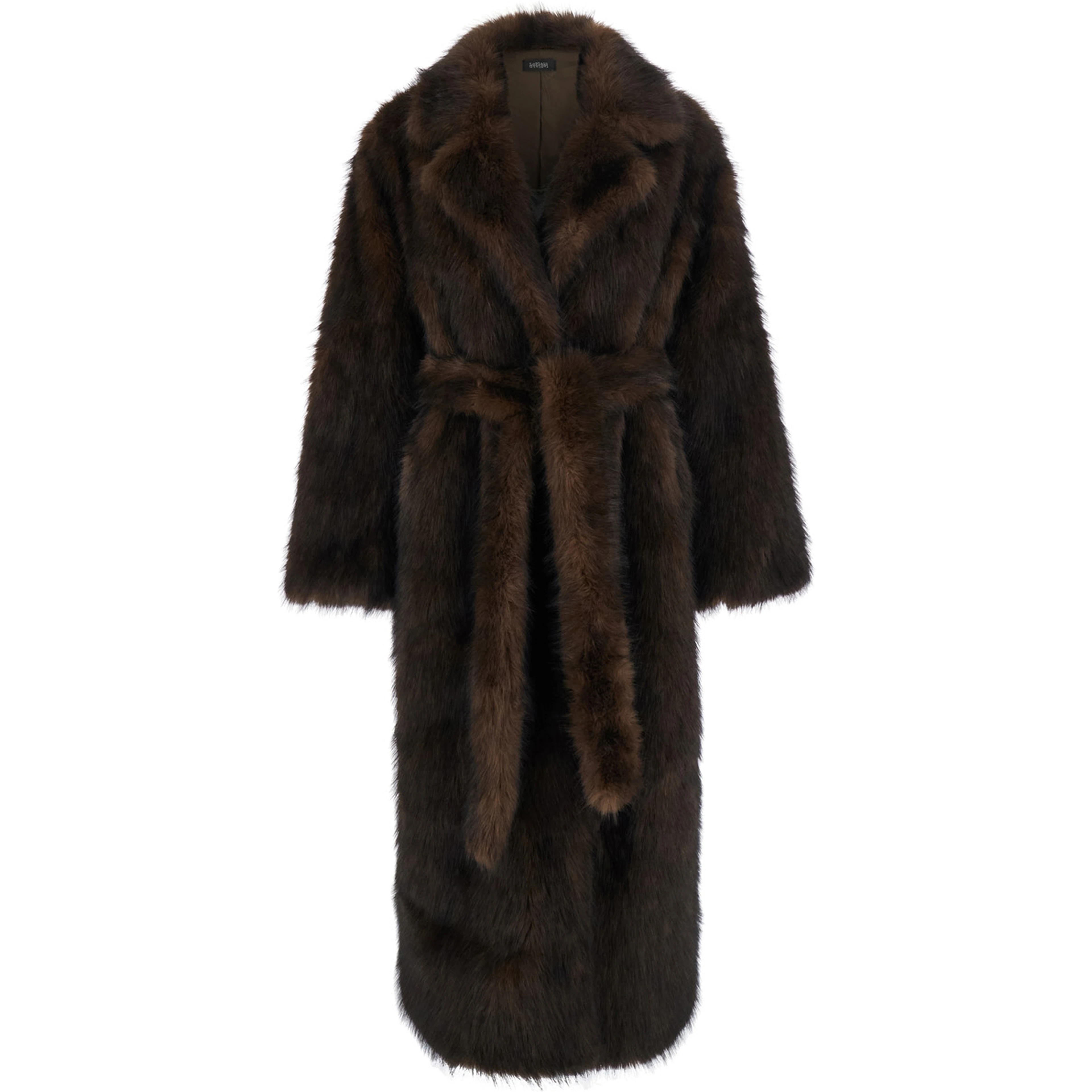 brown Long coat with Notched revers and adjustable waist belt in eco-fur for women