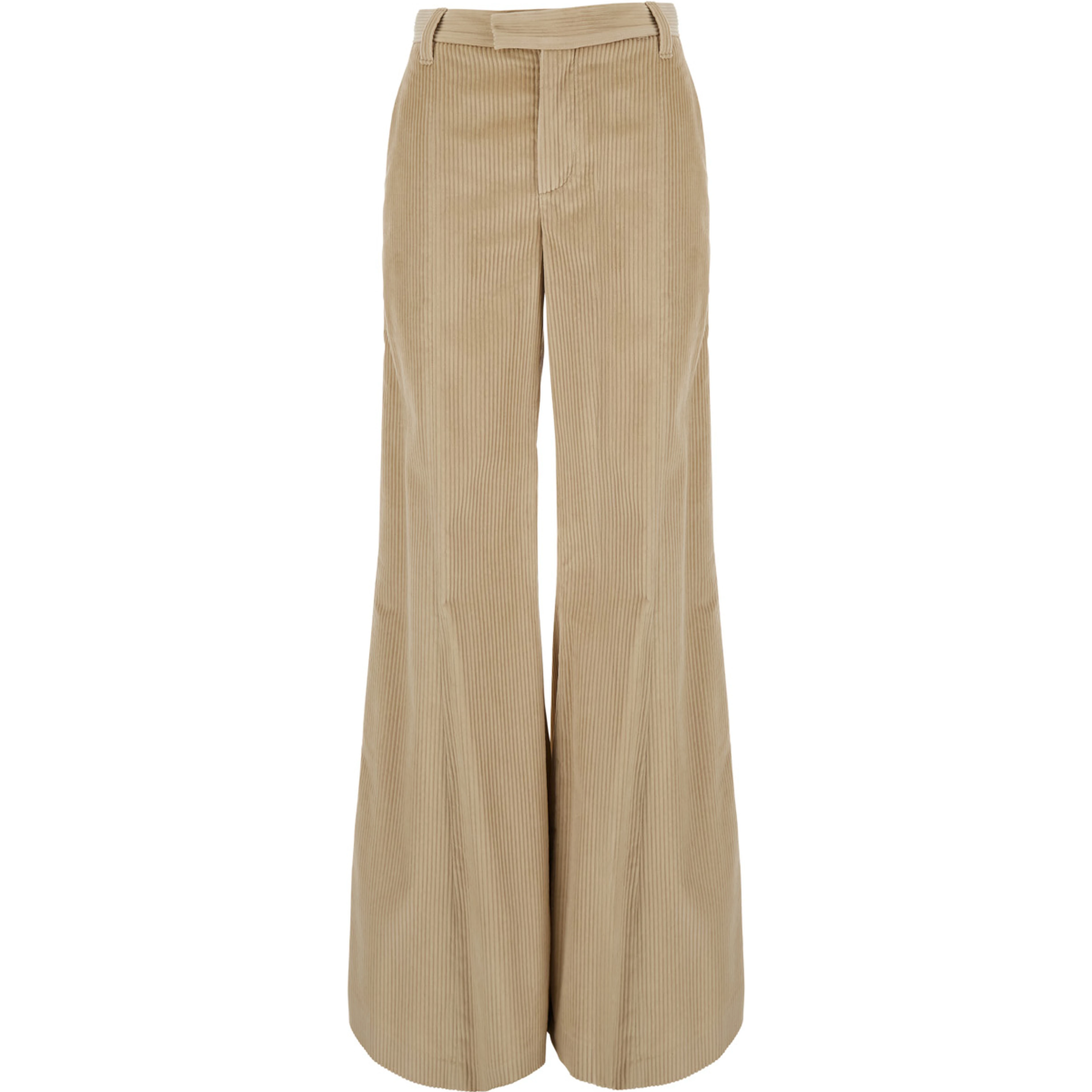 Beige High-waisted Pants with Monile on the Belt Loop and Wide Leg in Corduroy for Women