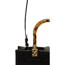 Tote Bag Sunshine Small with Embossed Logo and Tortoiseshell Effect Handle in Black Leather for Women