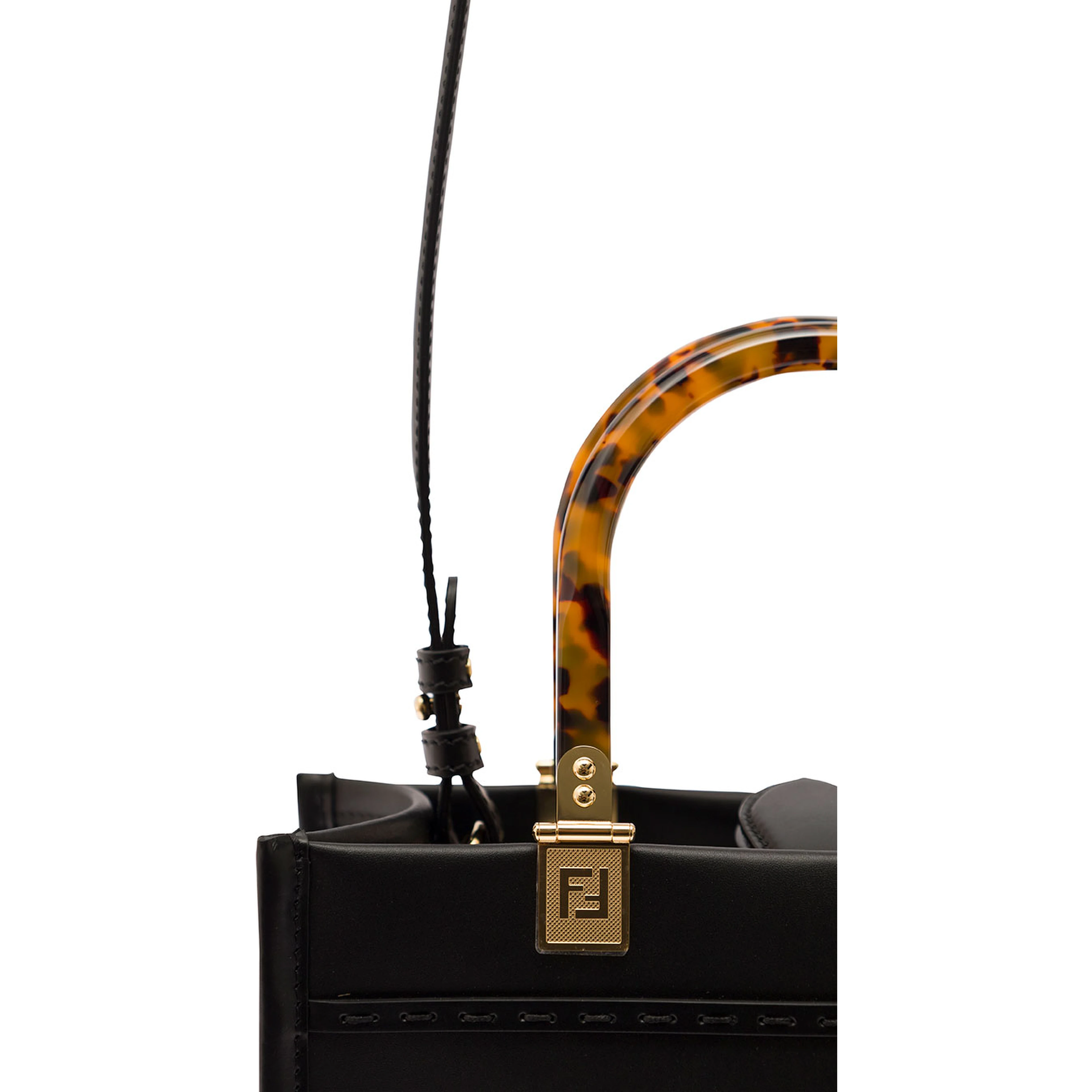 Tote Bag Sunshine Small with Embossed Logo and Tortoiseshell Effect Handle in Black Leather for Women