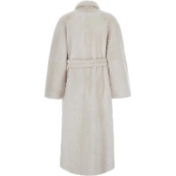 white Shearling coat with classic collar and waist belt in shearling for women