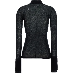 Black turtleneck sweater with logo embroidery on the front in wool for women