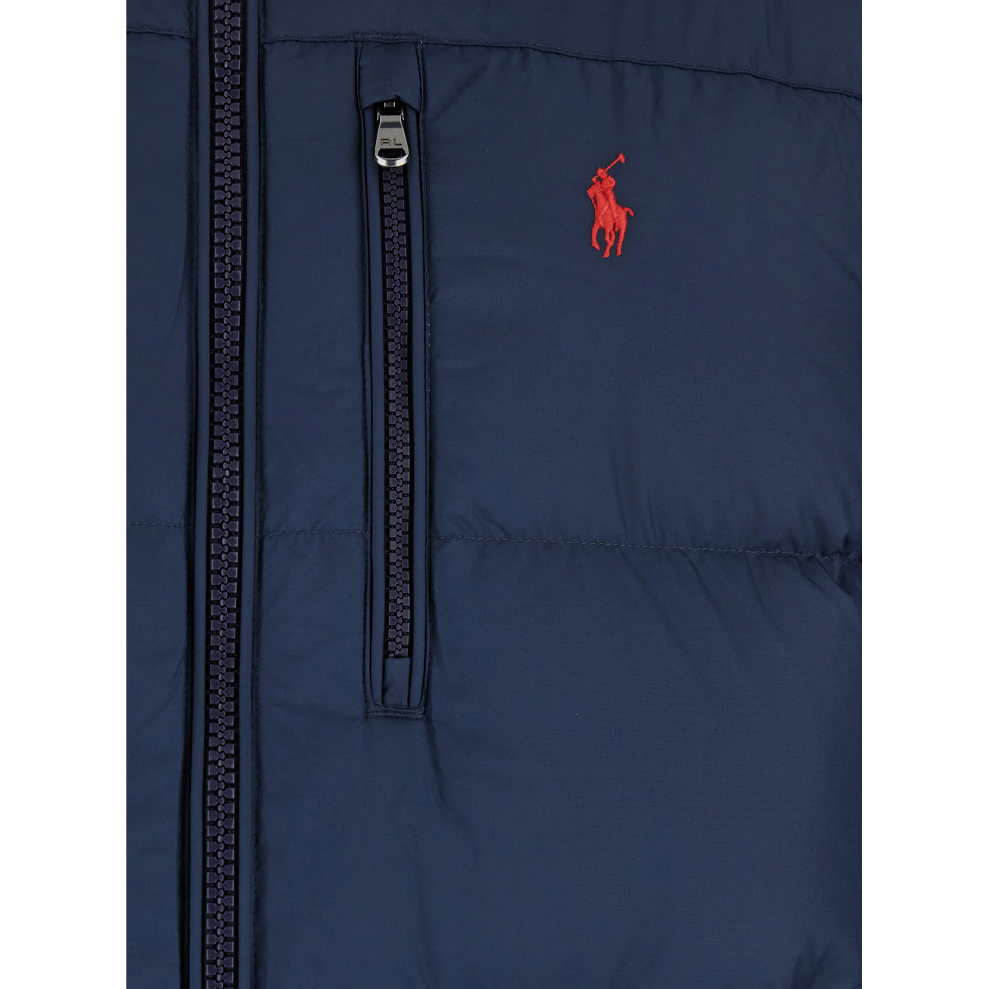 Down jacket Blue with Fixed Hood and Embroidered Pony Logo on Chest in Tech Fabric Men