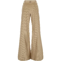 Beige High-waisted Pants with Monile on the Belt Loop and Wide Leg in Corduroy for Women