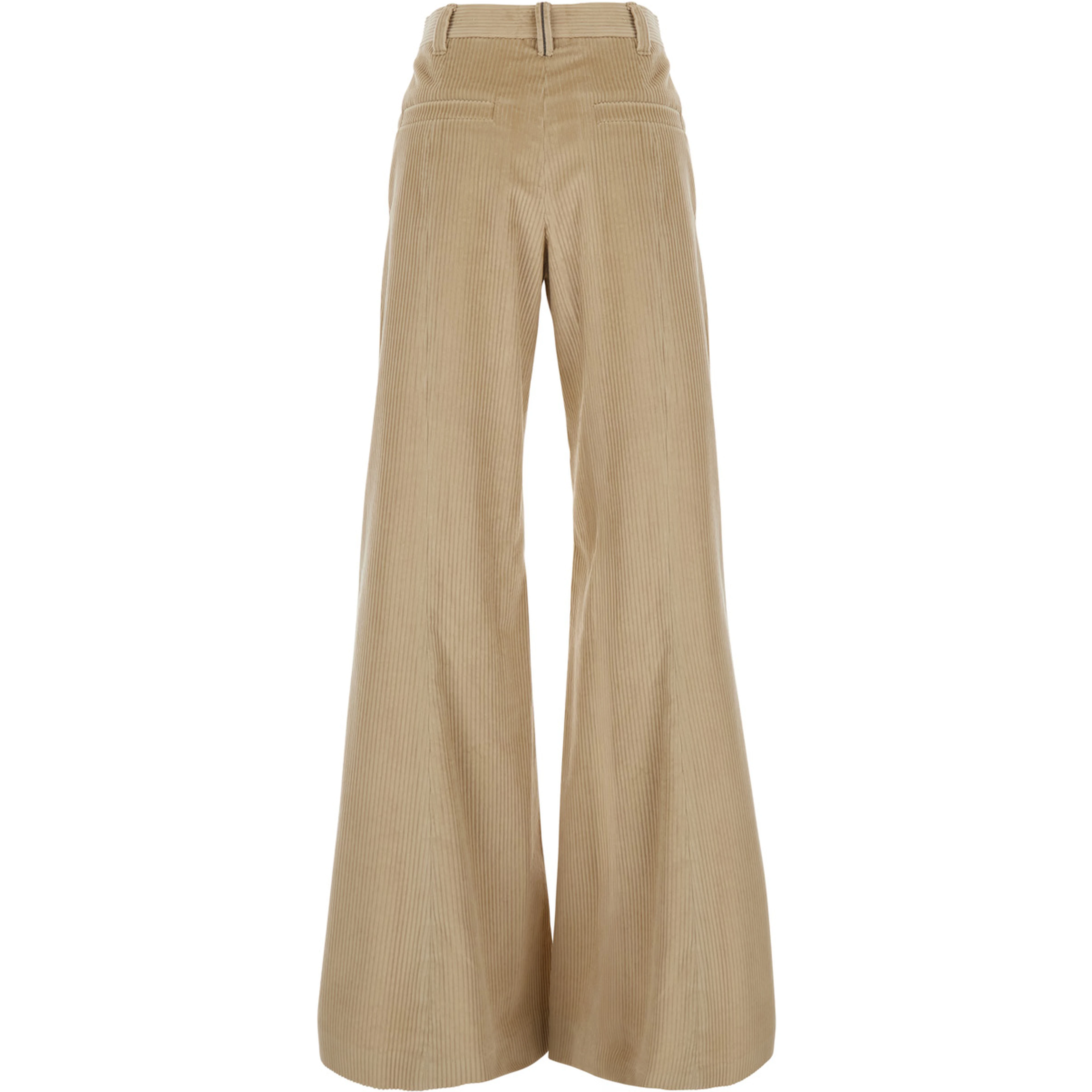 Beige High-waisted Pants with Monile on the Belt Loop and Wide Leg in Corduroy for Women