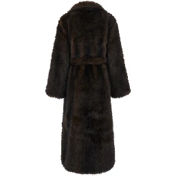 brown Long coat with Notched revers and adjustable waist belt in eco-fur for women
