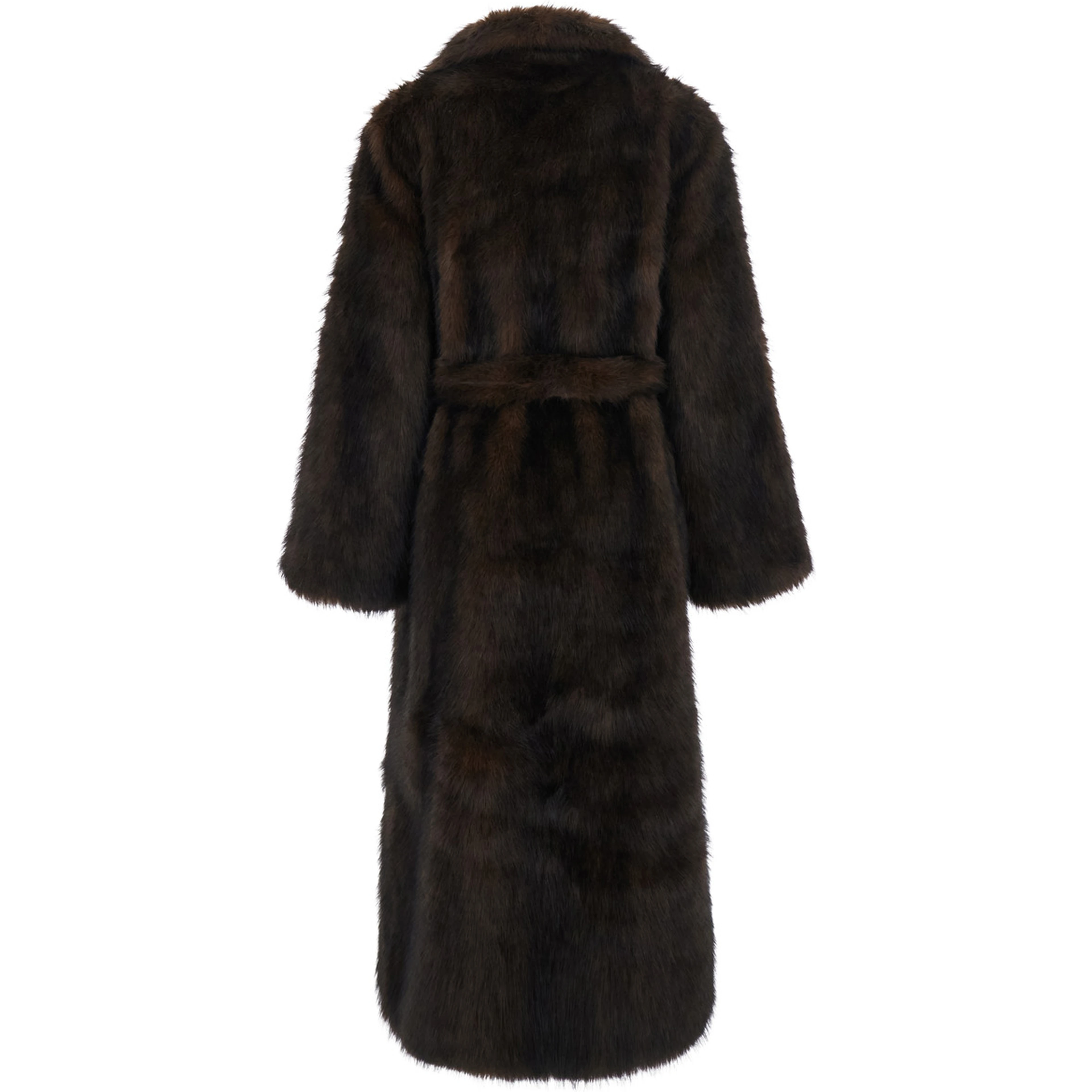 brown Long coat with Notched revers and adjustable waist belt in eco-fur for women
