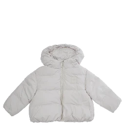 White Down jacket with fixed hood and logo patch on the front in Tech Fabric baby