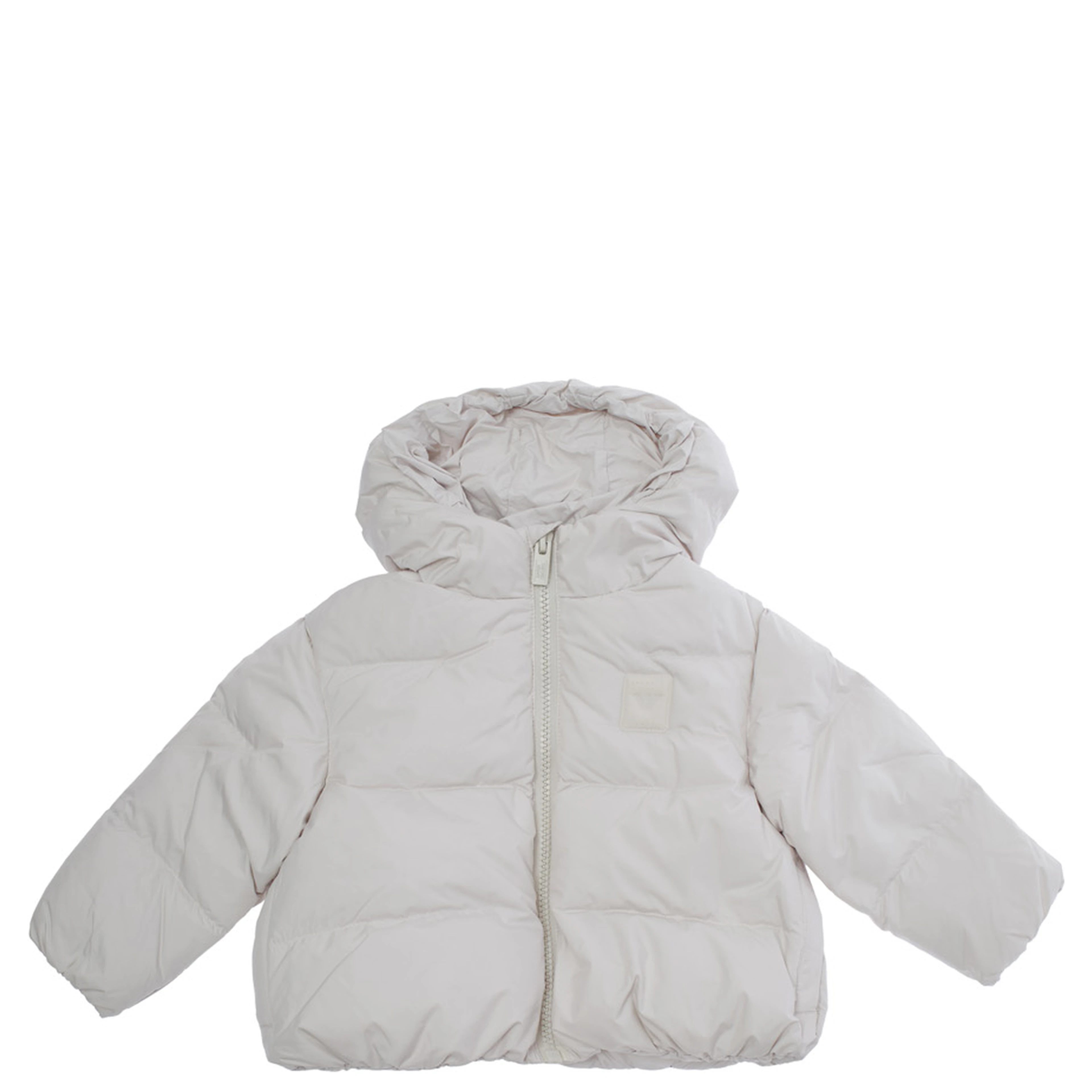 White Down jacket with fixed hood and logo patch on the front in Tech Fabric baby