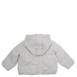 White Down jacket with fixed hood and logo patch on the front in Tech Fabric baby