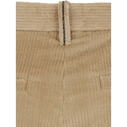 Beige High-waisted Pants with Monile on the Belt Loop and Wide Leg in Corduroy for Women