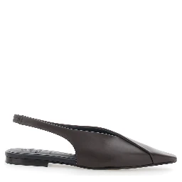 Brown Slingback Ballet Shoes with Square Toe in Leather for Women