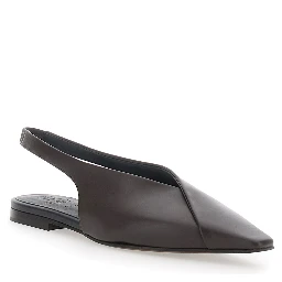 Brown Slingback Ballet Shoes with Square Toe in Leather for Women