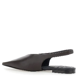 Brown Slingback Ballet Shoes with Square Toe in Leather for Women