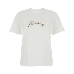 White Crew Neck T-Shirt with Logo Lettering on the Front in Cotton for Women