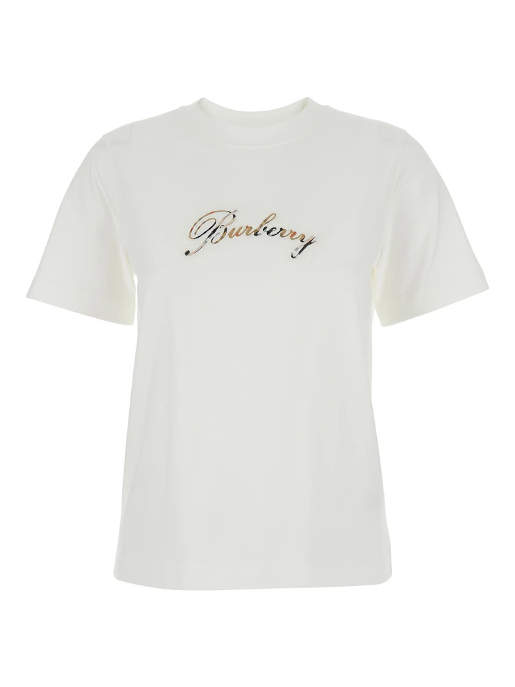 White Crew Neck T-Shirt with Logo Lettering on the Front in Cotton for Women