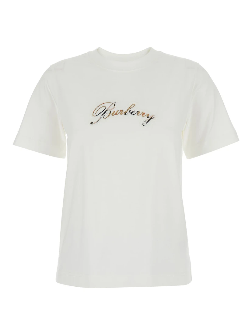 White Crew Neck T-Shirt with Logo Lettering on the Front in Cotton for Women