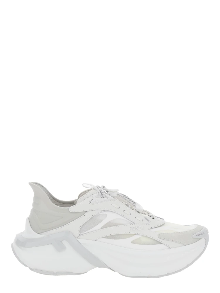 F-Light White Sneaker Low Top with FF Motif on the Side and Chunky Sole in Mesh and Leather for Women