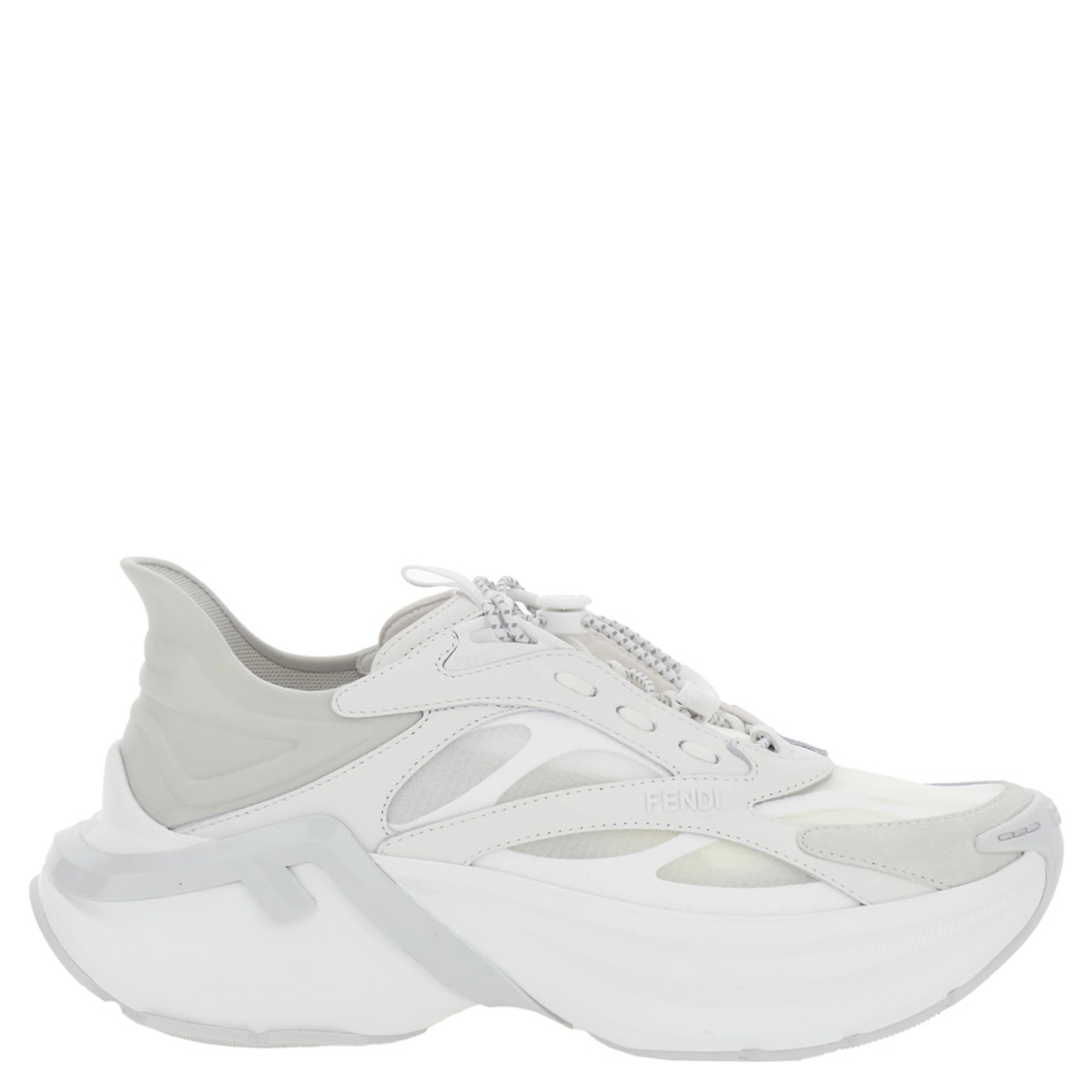 F-Light White Sneaker Low Top with FF Motif on the Side and Chunky Sole in Mesh and Leather for Women