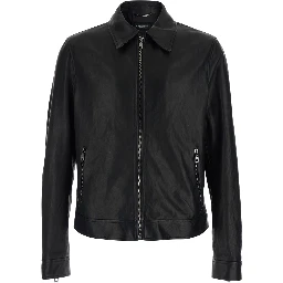 Black Jacket with classic collar and logo patch on the back in leather for men