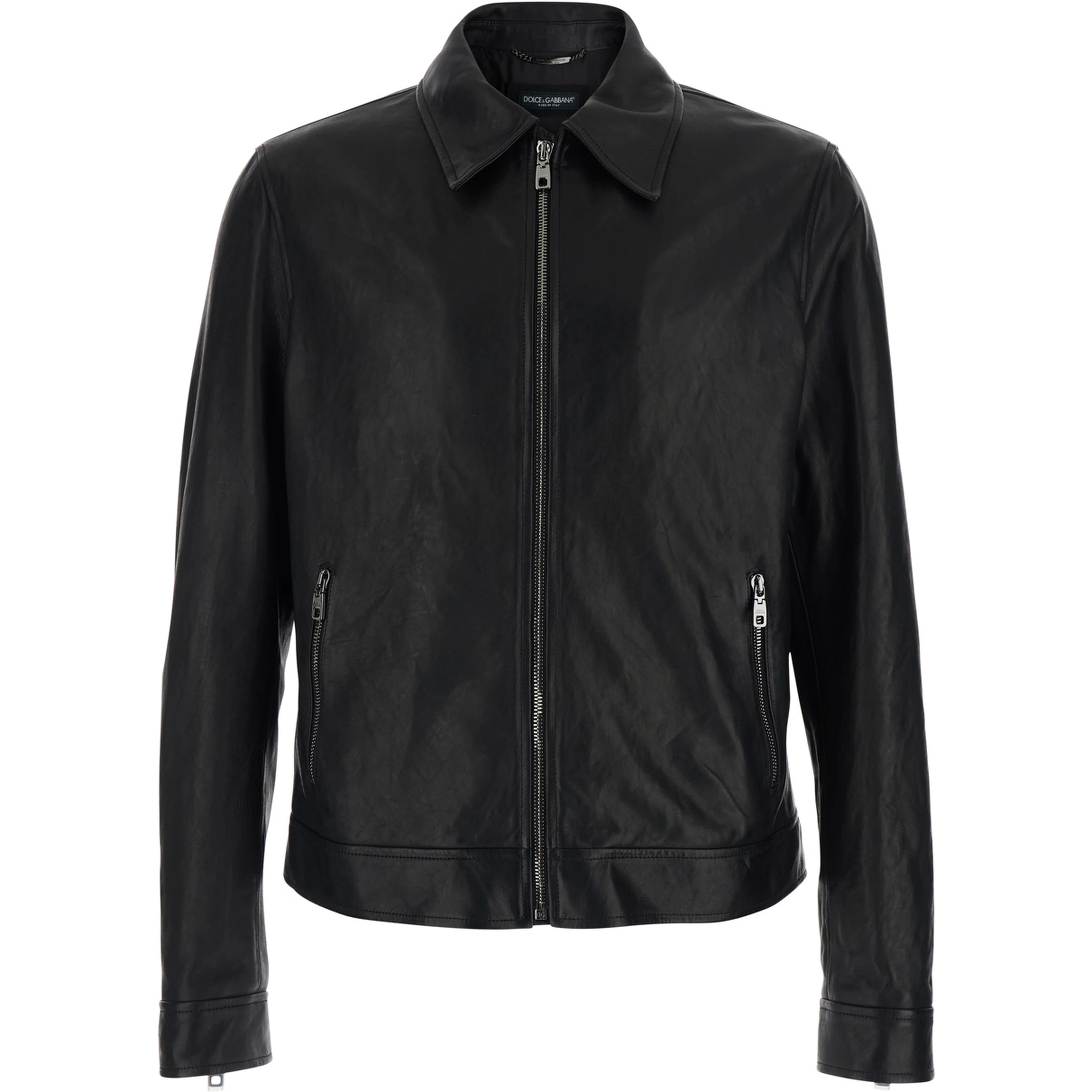 Black Jacket with classic collar and logo patch on the back in leather for men