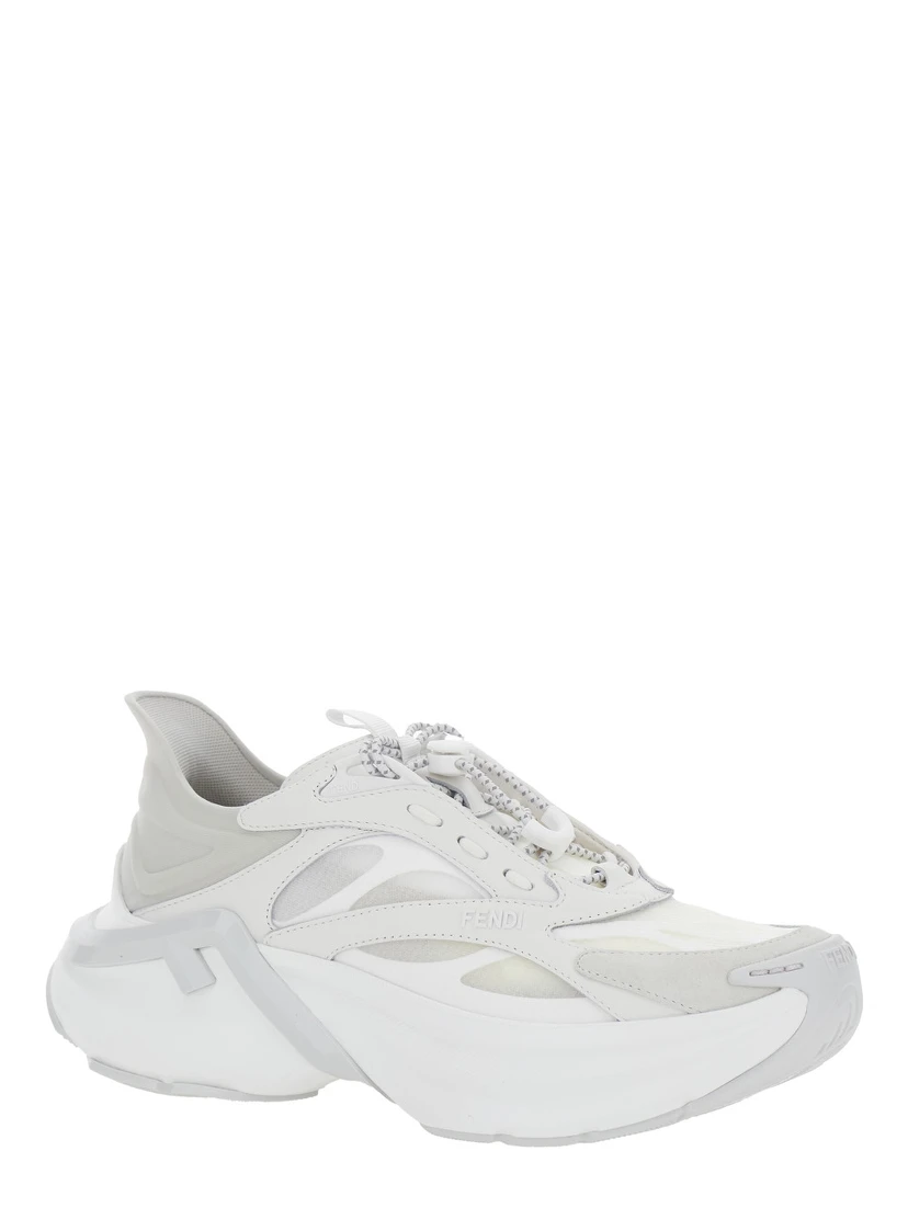 F-Light White Sneaker Low Top with FF Motif on the Side and Chunky Sole in Mesh and Leather for Women