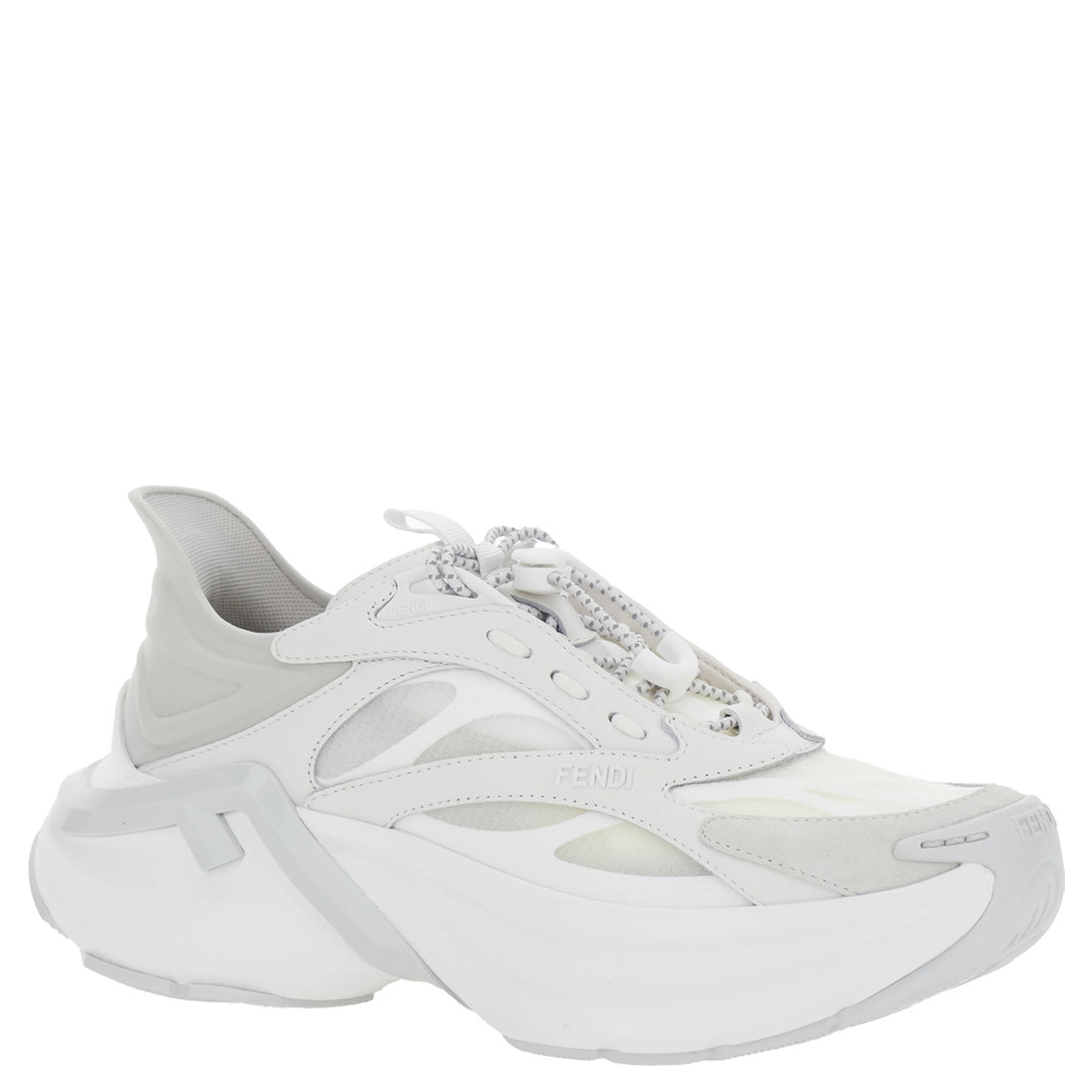 F-Light White Sneaker Low Top with FF Motif on the Side and Chunky Sole in Mesh and Leather for Women