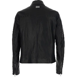 Black Jacket with classic collar and logo patch on the back in leather for men