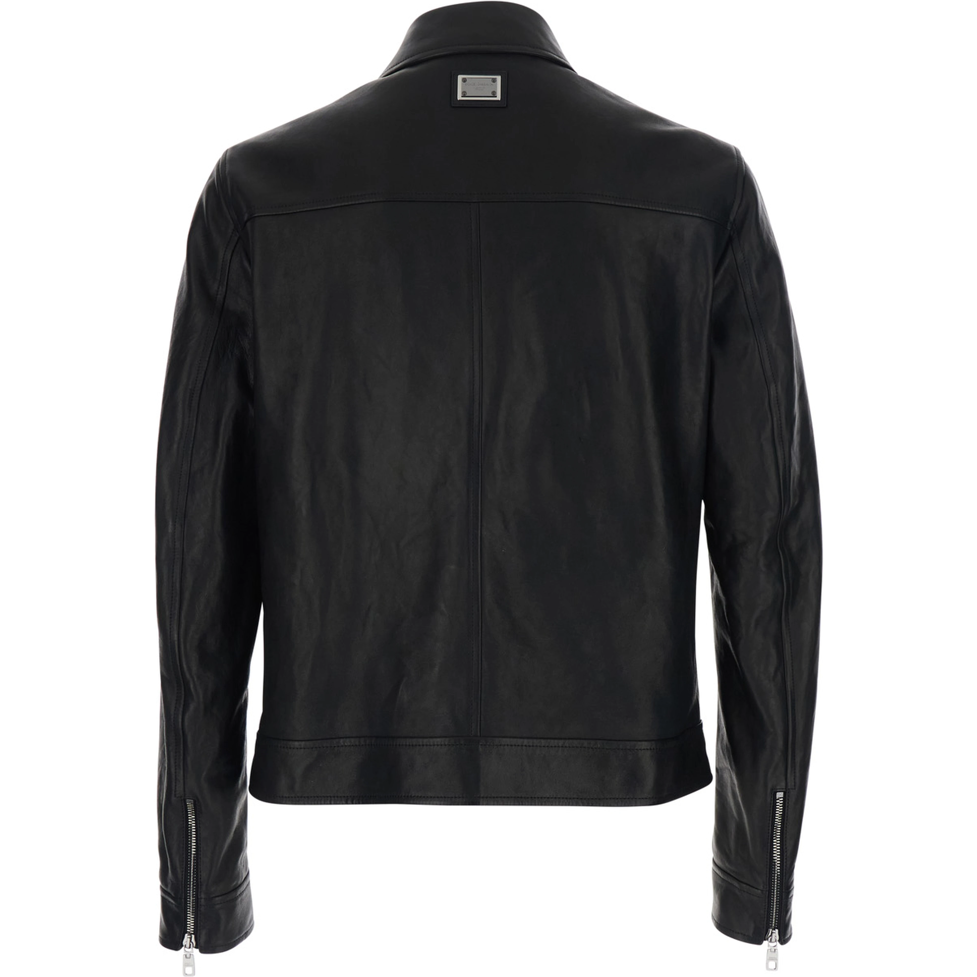 Black Jacket with classic collar and logo patch on the back in leather for men
