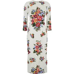 white midi Dress with all-over floral print in silk for women