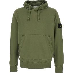 Green Hoodie with Drawstring and Logo Patch on Sleeve in Cotton Men