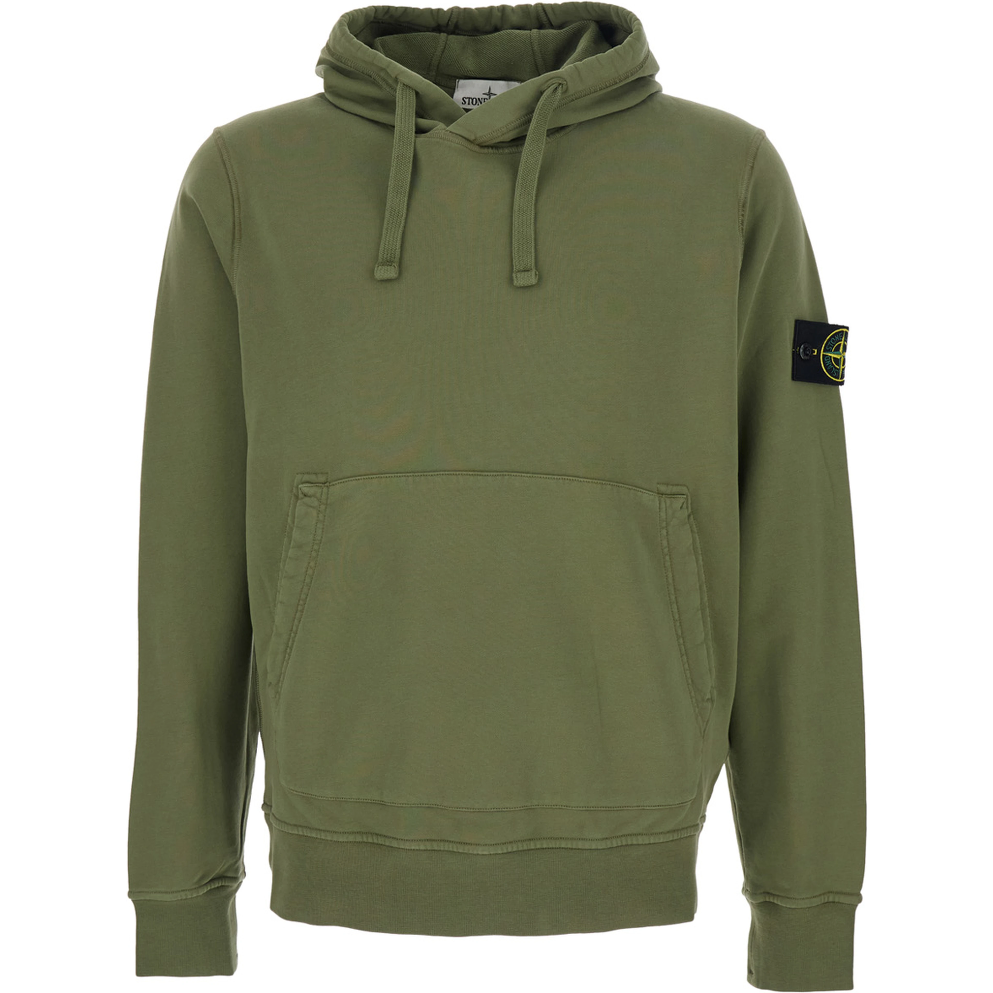 Green Hoodie with Drawstring and Logo Patch on Sleeve in Cotton Men