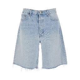 Light blue five-pocket Bermuda shorts with frayed hem for men