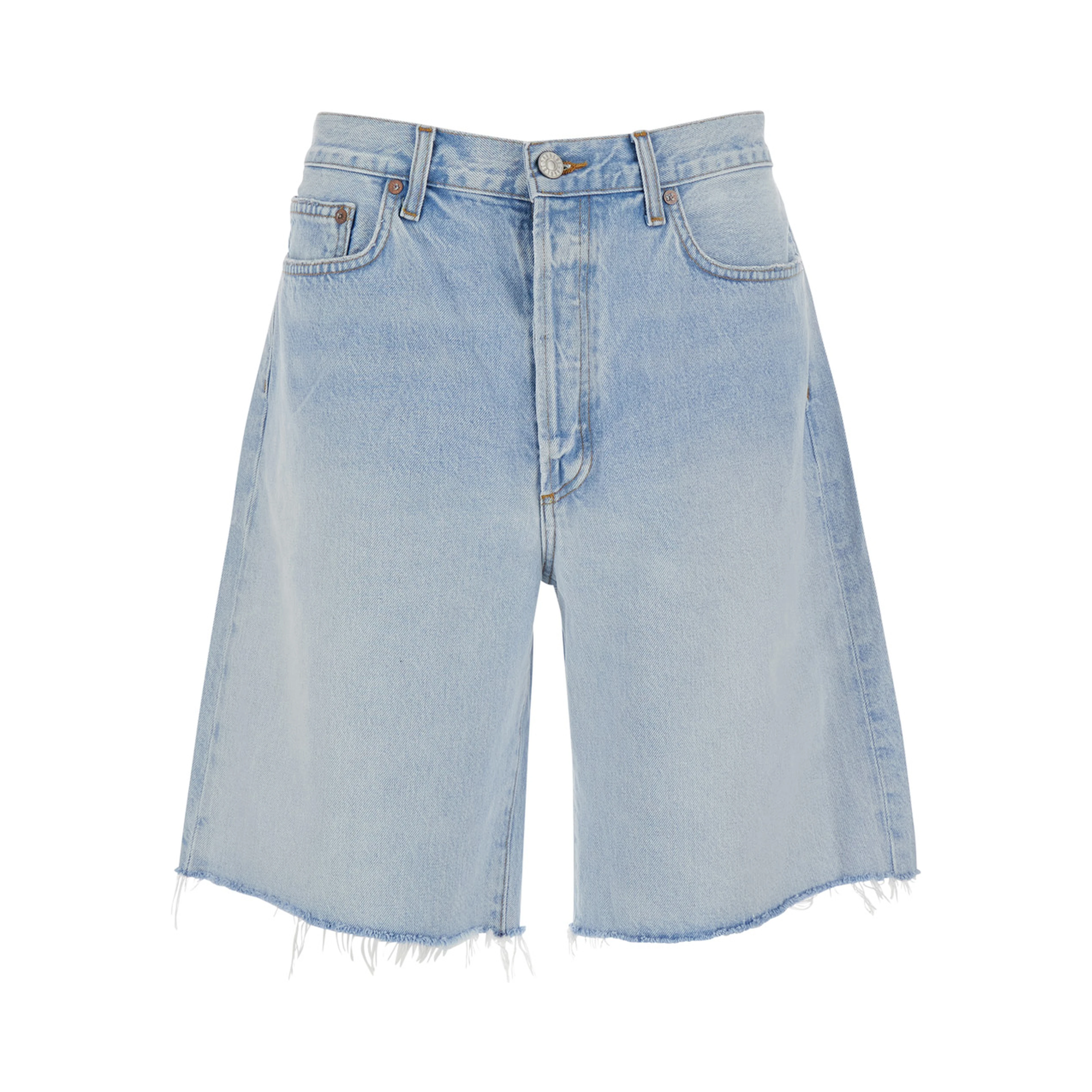 Light blue five-pocket Bermuda shorts with frayed hem for men