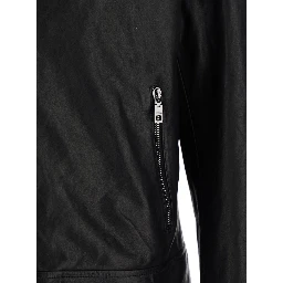 Black Jacket with classic collar and logo patch on the back in leather for men