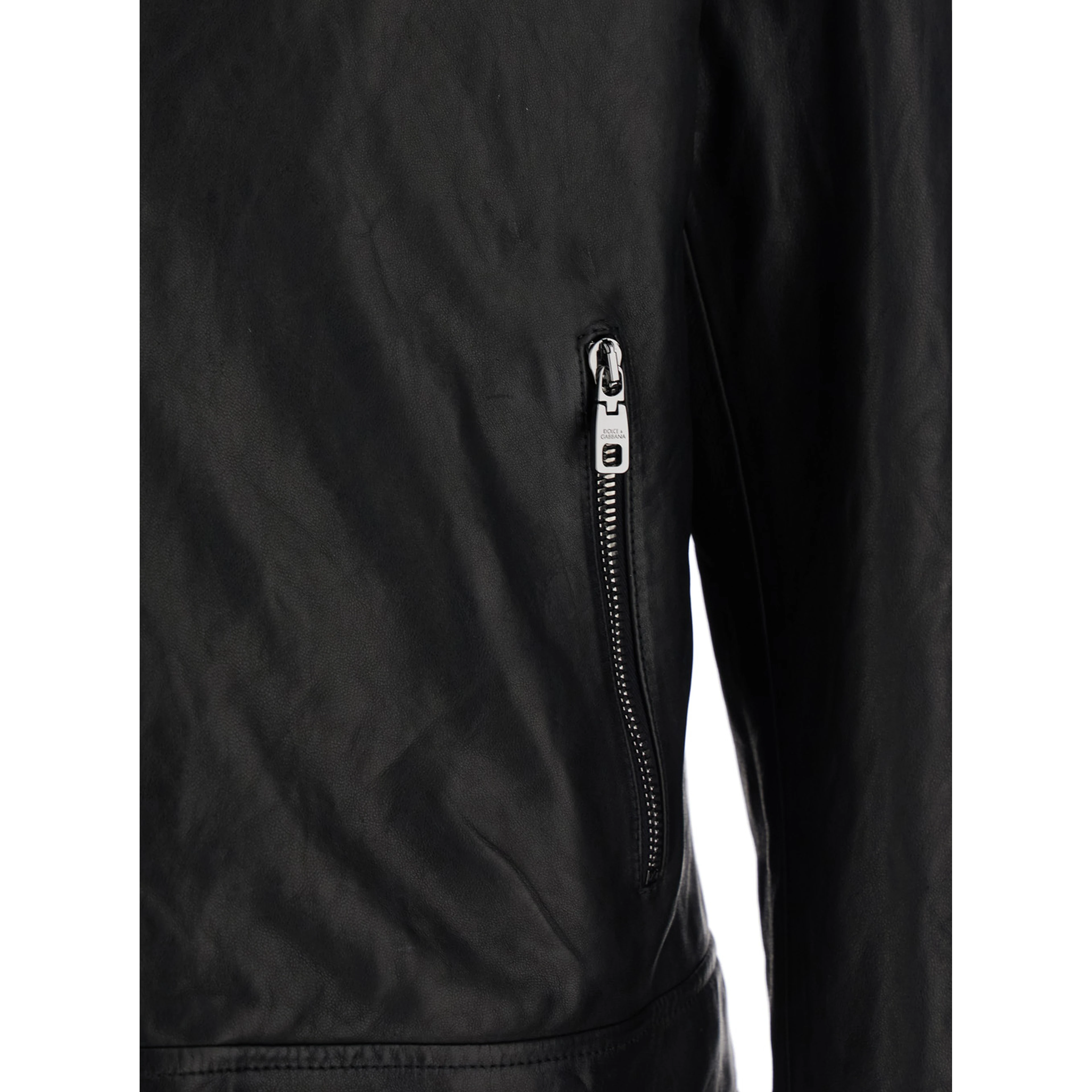 Black Jacket with classic collar and logo patch on the back in leather for men